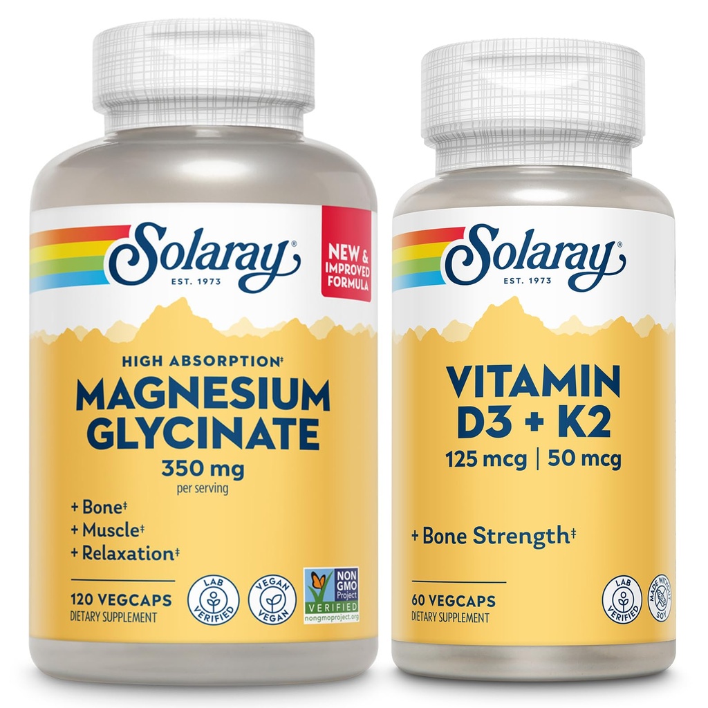 SOLARAY Magnesium Glycinate and Vitamin D3 K2 Bundle - High Absorption Chelated Magnesium Bisglycinate and 5000 IU Vitamin D - 120 VegCaps (30 Servings) of Magnesium, 60 VegCaps (60 Servings) of D3 K2