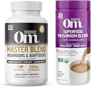 OM MUSHROOM SUPERFOOD Master Blend Capsule de champignons et mélange de poudre de champignons au chocolat chaud
