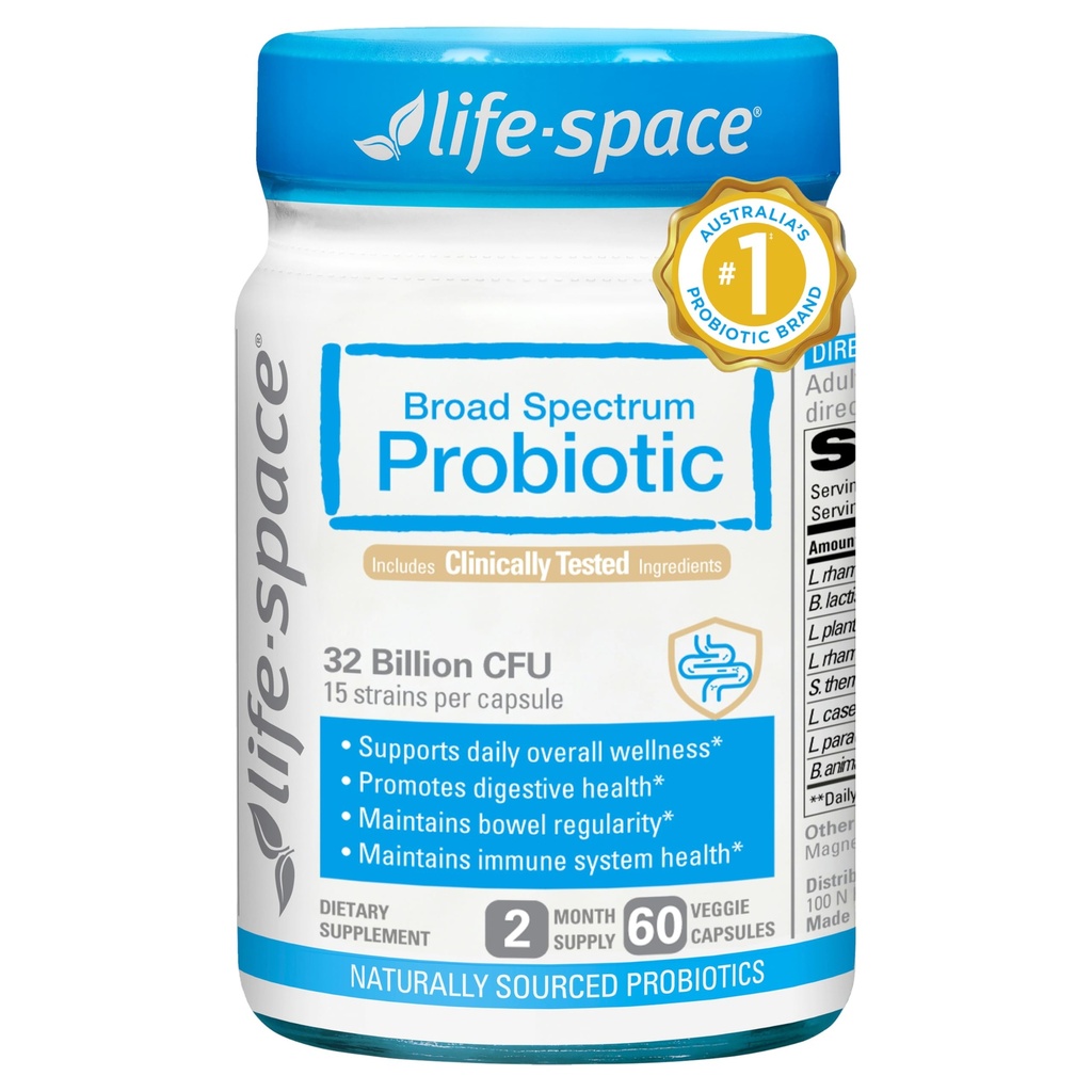 Life-Space Premium Broad Spectrum Probiotics, 2 Monate Servieren, 32 Billion CFU & 15 Diverse Strains, Formuliert für tägliche Verdauung Gesundheit & Immune Gesundheit, Probiotika für Frauen & Männer, 60 Veg Kapseln