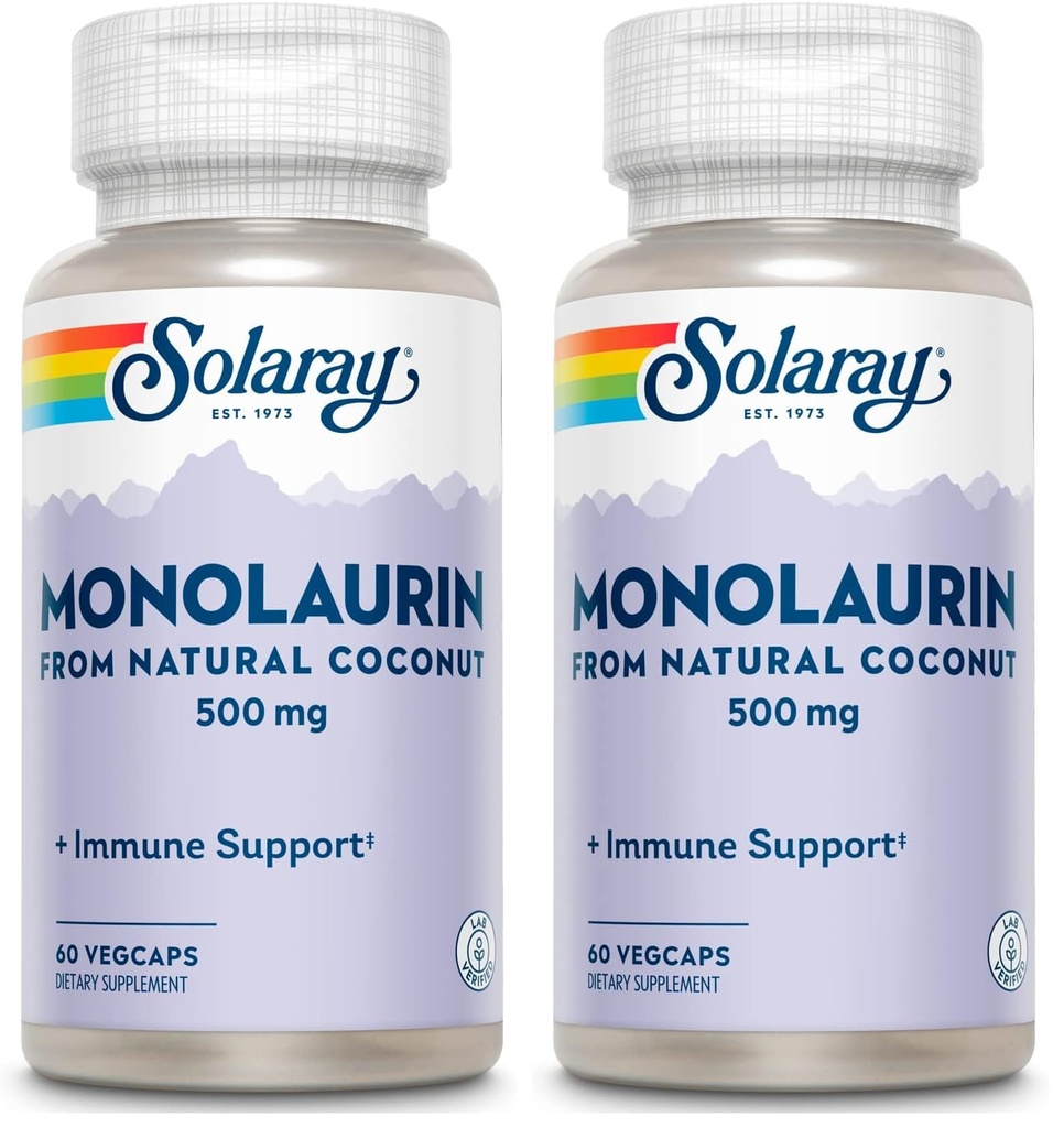 SOLARAY Monolaurin 500mg from Natural Coconut - Monolaurin Supplement for Powerful Nutritive Support - Lab Verified - 60 Servings, 60 VegCaps (Pack of 2)