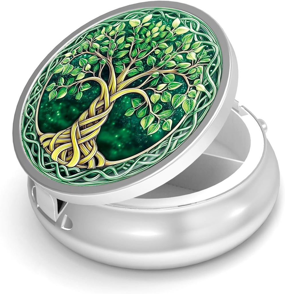 Pill Box-3 Compartiment petit étui de pilule pour la purse et la poche Mini porte-pilules métalliques Conteneur de pilules de voyage pour tenir des suppléments de vitamines sans BPA (Tree of Life)