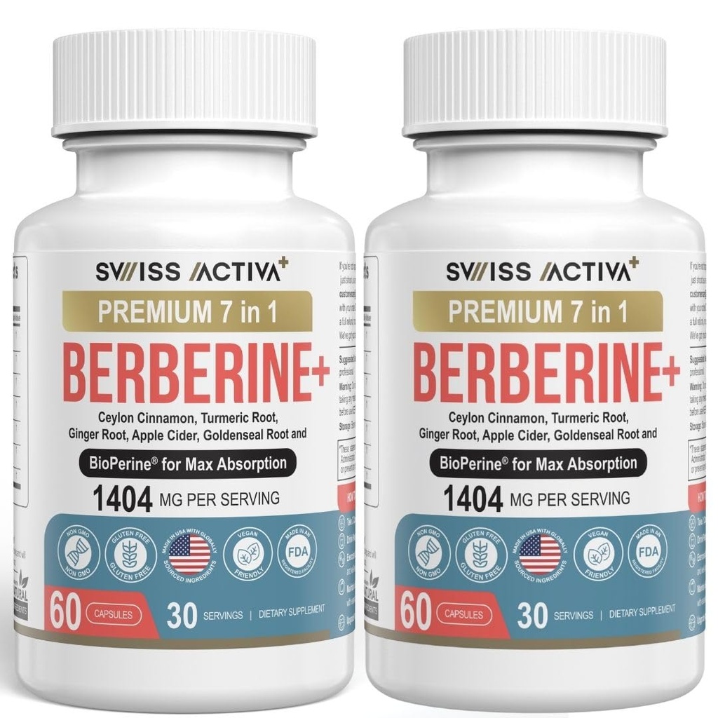 Swiss Activa+ Labs Organic Berberine Supplements 7-in-1 with BioPerine® | Ceylon Cinnamon, Turmeric, Ginger & Apple Cider Vinegar | Blood Sugar, Heart, Metabolism & Digestive Support | 60-Day Supply