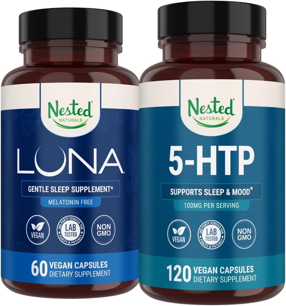 Nested Naturals Luna Melatonin-Free Sleep Supplement (60 Vegan Kapseln) & 5-HTP 100mg (120 Vegan Kapseln) für verbesserten Schlaf, Entspannung & Stimmung