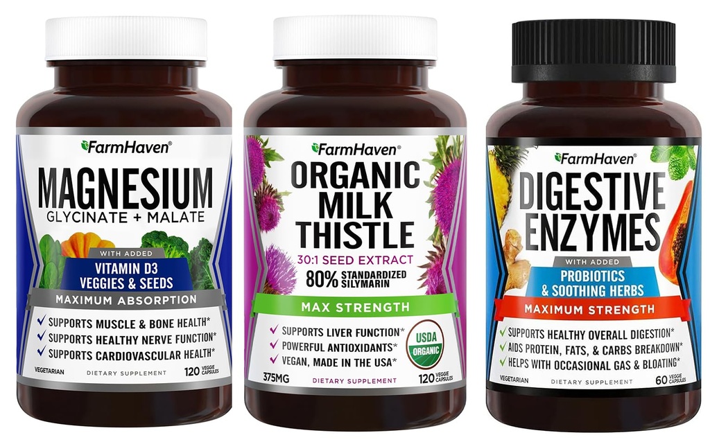 FarmHaven Magnesium Glycinate & Malate + Milchdistel + Verdauungsenzyme mit Probiotika