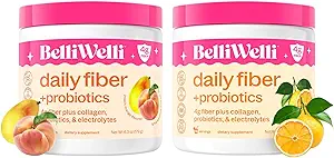 Belli Welli Daily Fiber Supplement Bundle with Collagen, Probiotics & Electrolytes – Peach Mango & Orange Yuzu Mandarin Flavors – Supports Digestion, Gut Balance & Debloating – 32 Serve Totale