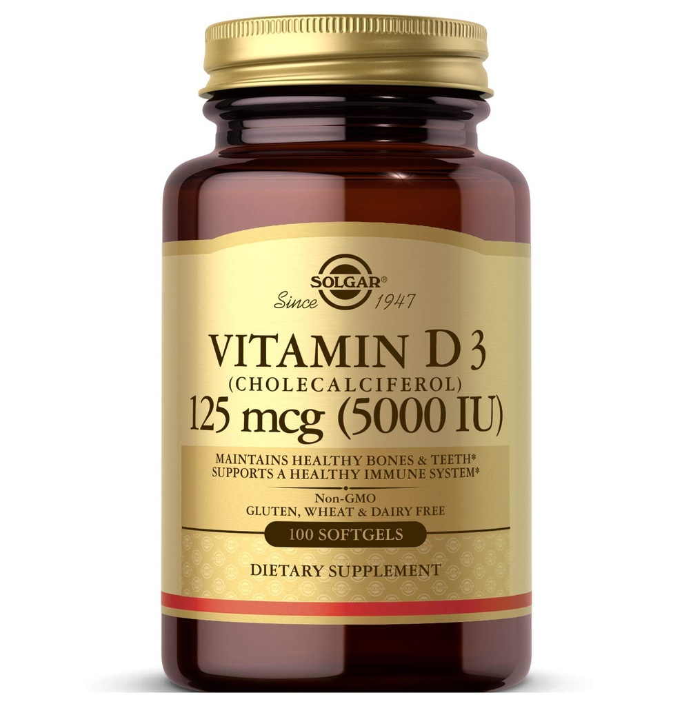 Solgar Vitamin D3 (Cholecalciferol) 125 MCG (5000 IU), 100 Softgels - Hilft gesunde Knochen und Zähne - Immunsystem-Unterstützung - Non GMO, Gluten-Free, Dairy Free - 100 Portionen