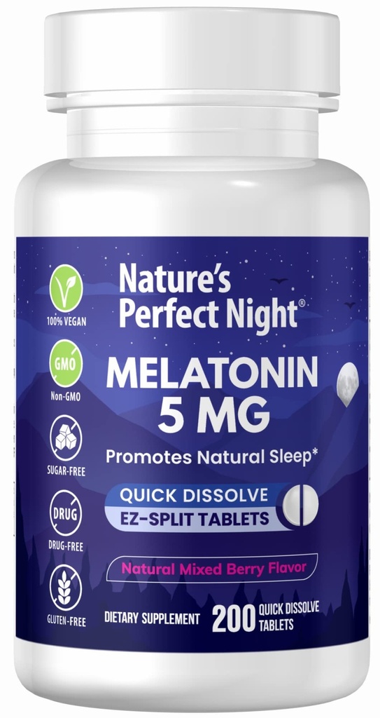 Nature's Perfect Night | Melatonin 5mg | 200 Quick Dissolve Tablets | Natural Mixed Berry Flavor |Preferred Potency | Sugar Free | Vegan | Gluten Free | Wert Größe