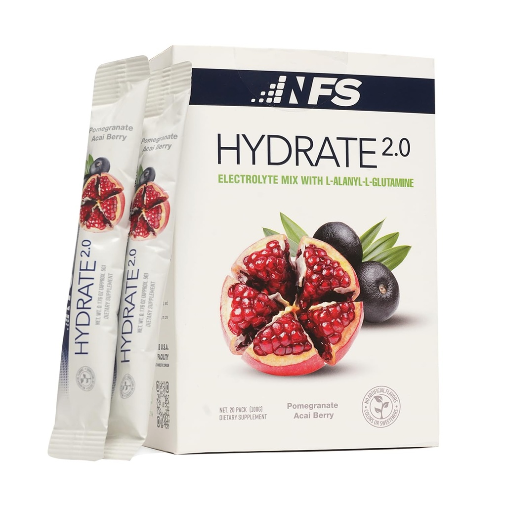 Hydrate 2.0 Electrolytes Hydration Powder Packets – Advanced Hydration & Recovery Formula with L-Alanyl-L-Glutamine | Faster Hydration & Performance Recovery | 20 Packets (Pomegranate Acai Berry)