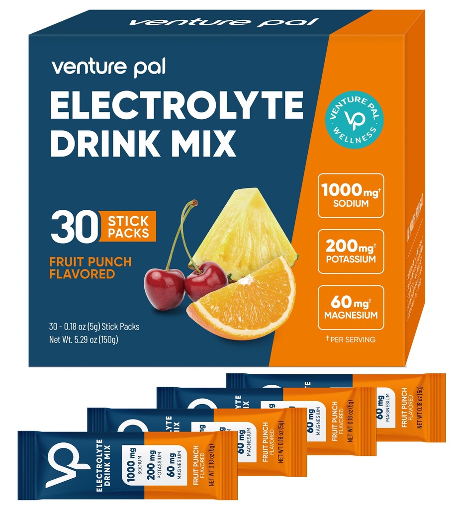 Venture Pal High Sodium Electrolyte Powder Packets | Sugar Free Hydration Drink Mix with Sodium, Potassium, Magnesium & Vitamins | Zero Calorie | Keto, Vegan & Paleo Friendly | 30 Sticks