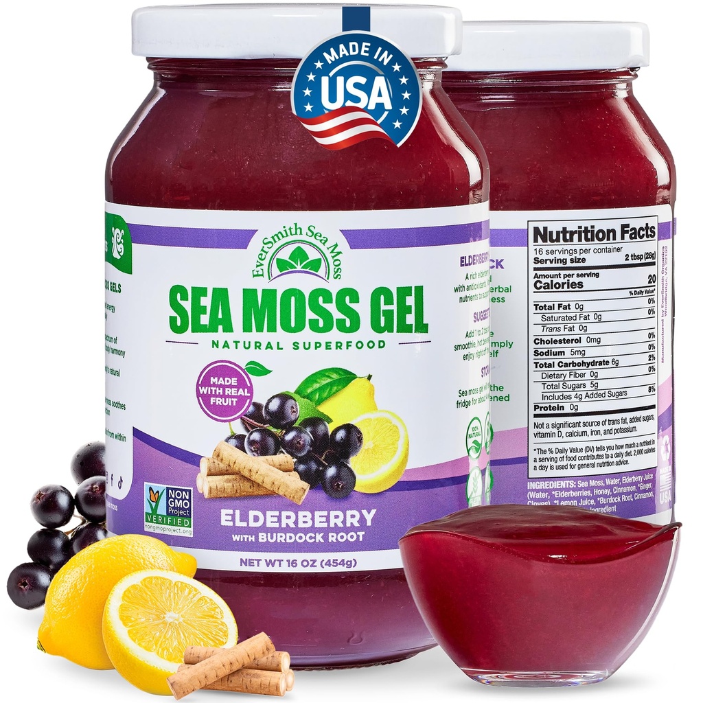 Wildcrafted Irish Sea Moss Gel | Made in USA | Rich in Vitamins & Minerals | Sea Moss Gel Raw | Integratore nutrizionale | Elderberry (16 oz)