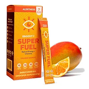 EBOOST Energy Drink Powder, Super Fuel - Orange Mango, 7 Packets - Pre-Workout Powder Energy Drink Mix - Energia naturale, L-Tyrosine, L-teanina e vitamine - Preallenamento per le donne e gli uomini da andare