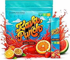 KAVA PUNCH Relaxing Drink Mix – 12 Stick Pack Pouch con Kava Kava Extract per Stress Relief | Non alcolico, Basso contenuto calorico, Bevanda alternativa sana |