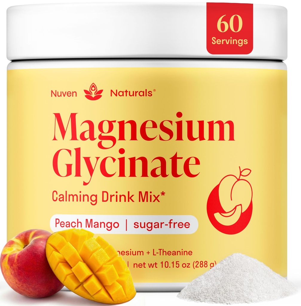 Magnesium Glycinate Powder + L-Theanine | 60 Servings | 300 mg per Scoop High Absorption Chelated Magnesium Powder for Sleep - Peach Mango Flavor, No Sugar, Support Restful Sleep & Relaxation