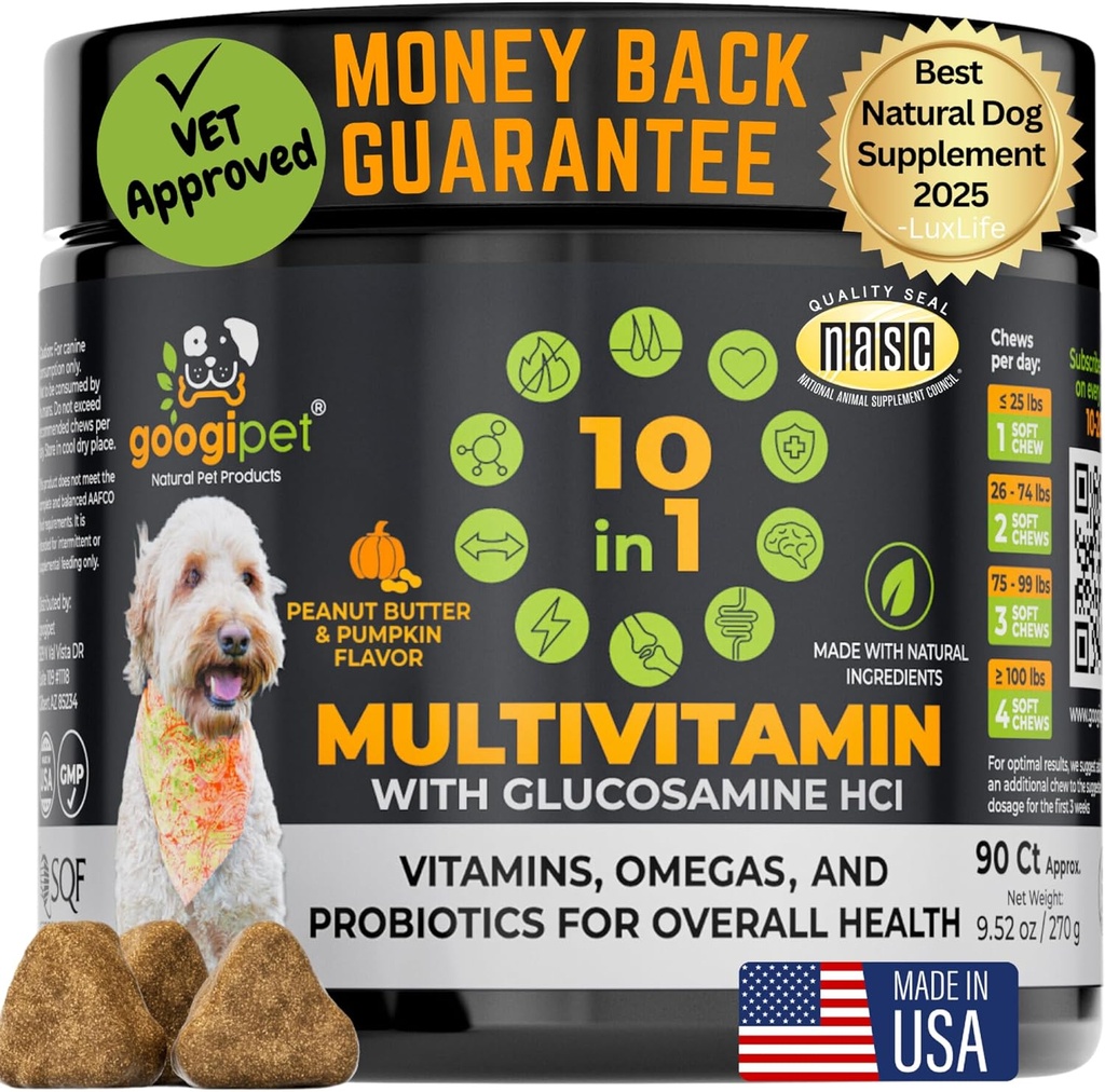 Googipet Premium 10 in 1 Vitamine di Cane Multivitamina Masticabile con Probiotici per Salute Gut, Vitamine di Cane e Integratori w/Vitamina C & Glucosamina per Supporto Congiunto (Materia di Arachidi & Zucca Aroma)