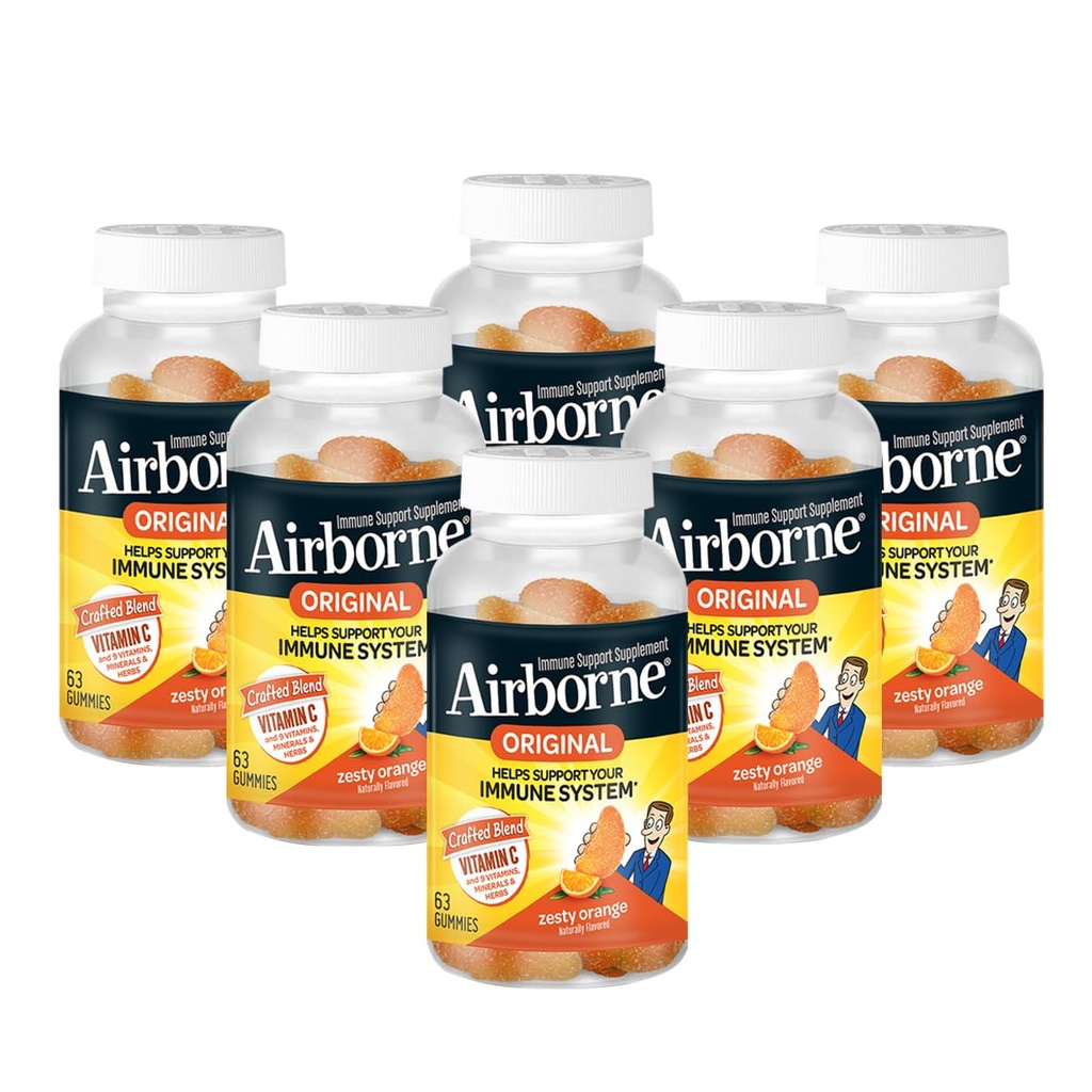 Airborne 750mg Vitamin C Immune Support Supplement Gummies for Adults, Zesty Orange Flavor, Gluten Free Crafted Blend with Powerful Antioxidants Vitamins A C & E, 63 Gummies (6 Pack)
