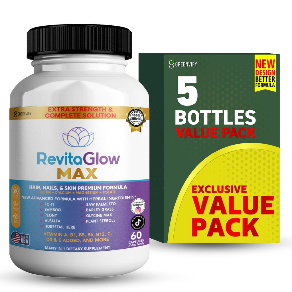 RevitaGlow Max Hair, Nails & Skin Premium Formula, 60 Capsules, 30-Day Supply, with Biotin, Vitamins A, B1, B5, B6, B12, C, D3, E (5)