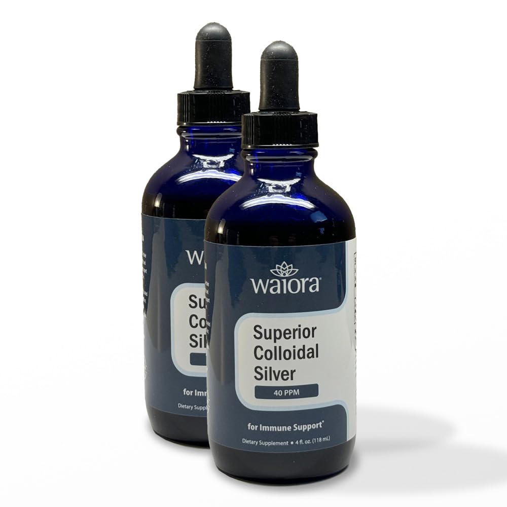 Superior Colloidal Silver, Waiora, Liquid Mineral Supplement, 40 PPM, per il supporto immunitario, Bottiglia di vetro blu con Dropper (2 bott/44 serv.)