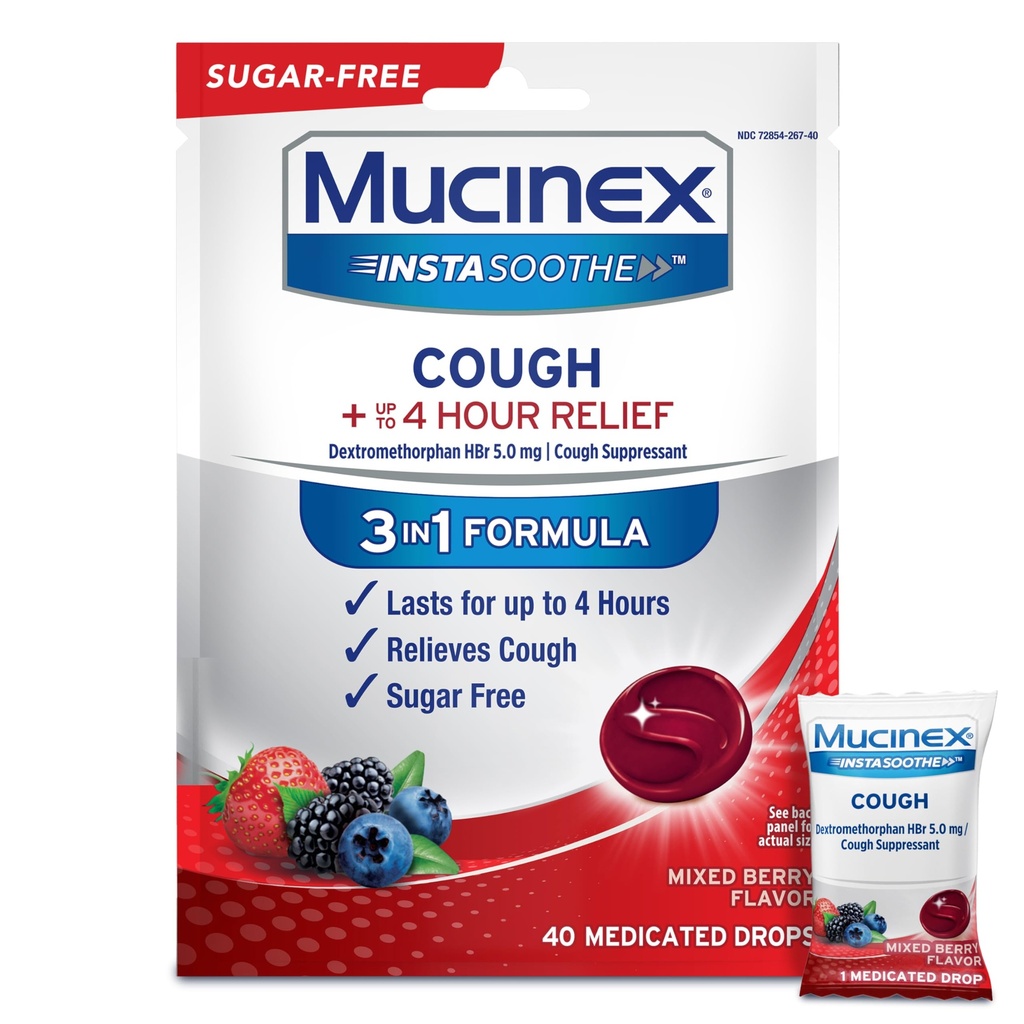 Mucinex Instasoothe Sugar Free Cough Drops, Cough Medicine für Erwachsene mit Dextromethorphan HBr, Non Menthol Cough Drops, Cough Suppressant Lozenges, Mixed Berry Medicated Cough Drops, 40ct