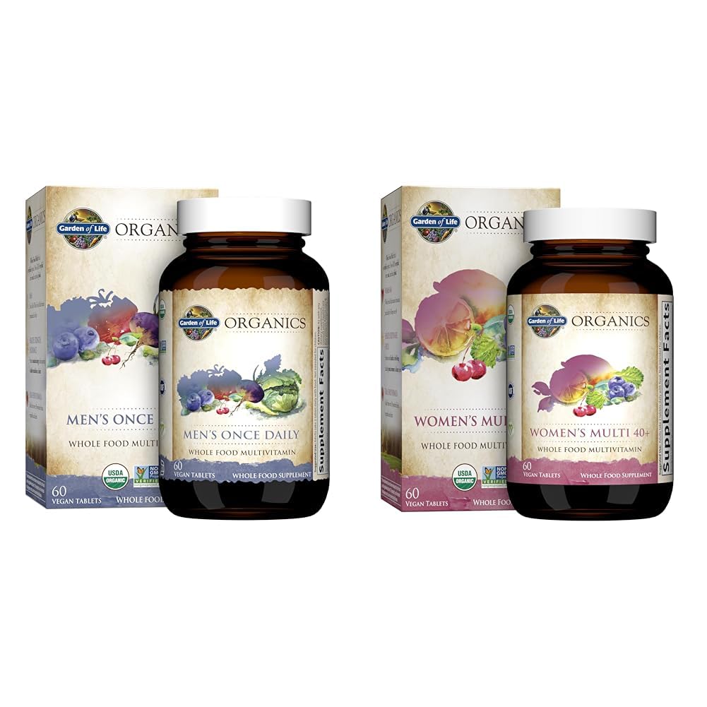 Garden of Life Organics Men's & Women's 40+ Once Daily Whole Food Multivitamins - 60 Tablet Bottles, Vegan Vitamins & Minerals