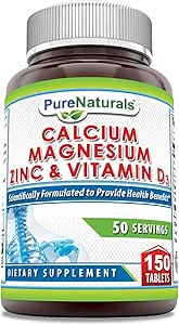 Pure Naturals Magnesium Zinc Vitamina D3 Supplemento | Calcium 1000mg, Magnesio 400mg, Zinc 25mg, Vitamina D3 600 IU | Non OGM | Gluten Free (300 compresse)