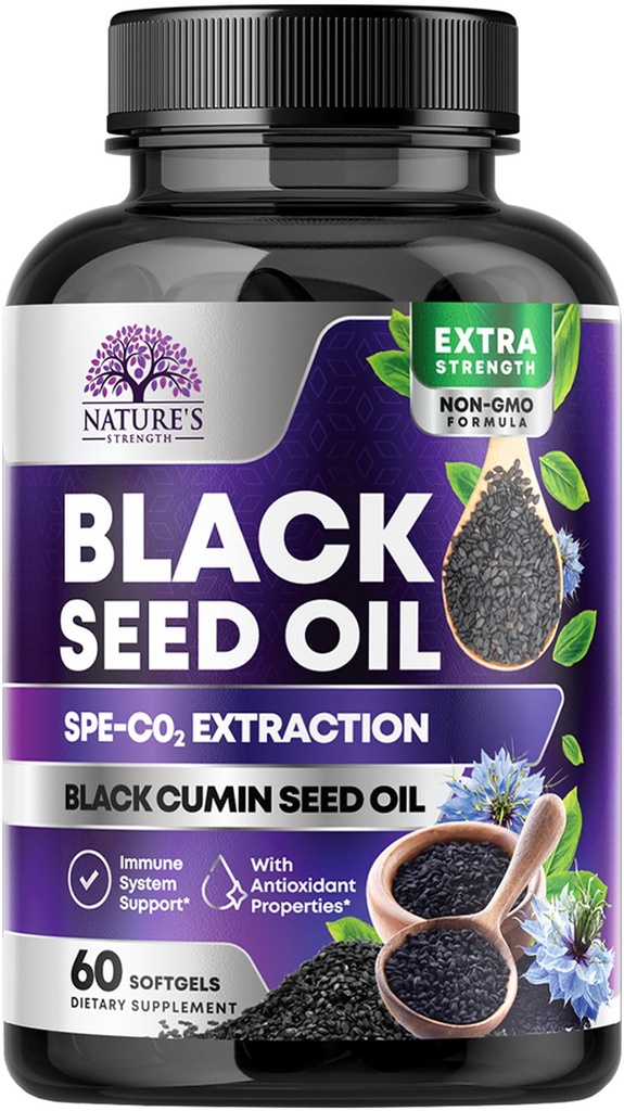 Schwarzes Saatgut Öl Kapseln 1000mg mit Thymochinon - Pure Nigella Sativa für Haut Gesundheit und Immununterstützung, 100% Schwarzes Öl, Erstaunliche Extraktion über kalt gepressten schwarzen Cumin Seed - 60 Softgels