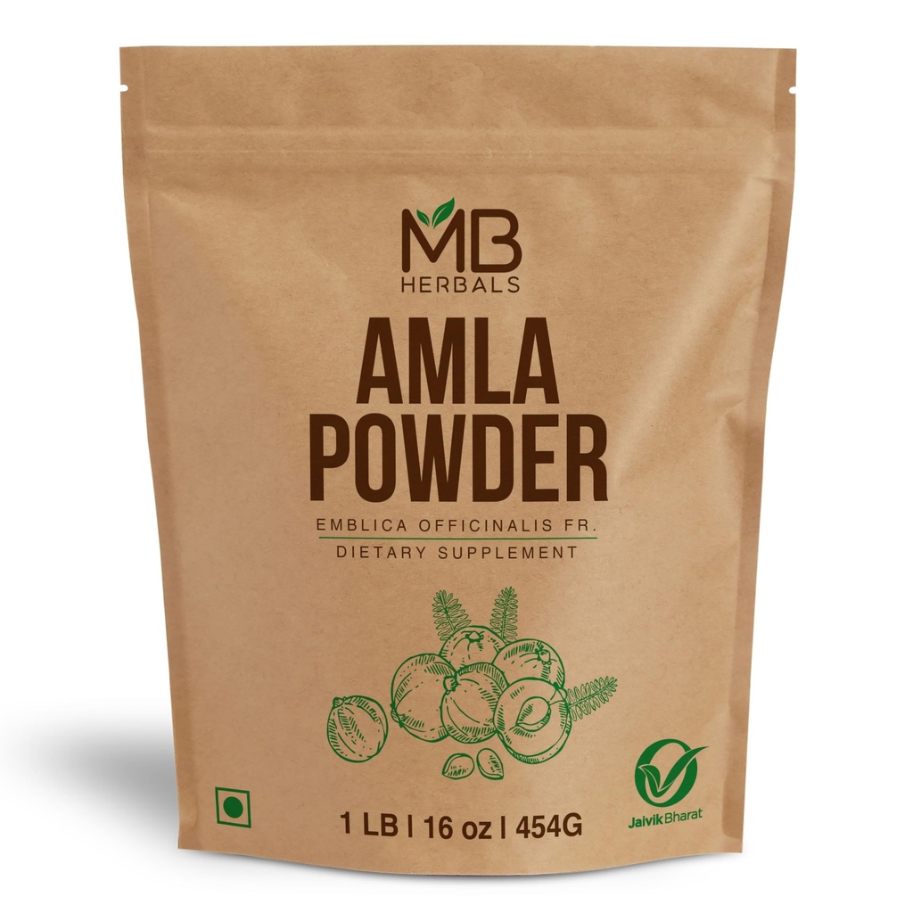 MB Herbals De-Seeded Amla Powder 1 LB (16 oz / 454g) | Made from Wild Amla Berry Pulp, No Seeds Used | Premium Quality Amalaki (Indian Gooseberry) Powder