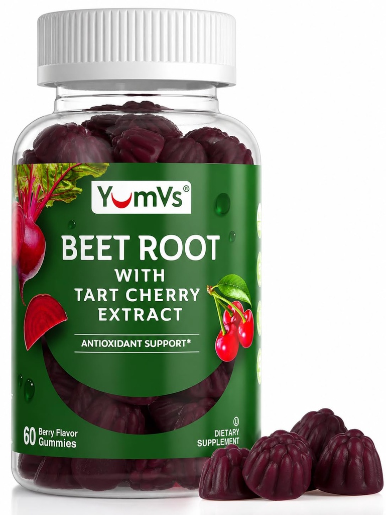 YUM-V'S Beet Root Gummis mit Tart Cherry Extract - Berry Flavor Beetroot Gummies - Beet Chews für Blutzirkulation und Antioxidans Unterstützung - Red Beets Gummies (Berry 60 Count (Pack 1)