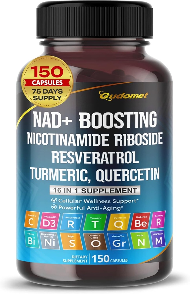 NAD+ Boosting Trans-Resveratrol Turmeric Quercetin Rosemary Bilberry Sage Green Tea Oregano Nettle Milk Thistle Black Pepper -150 Kapseln- Made in USA