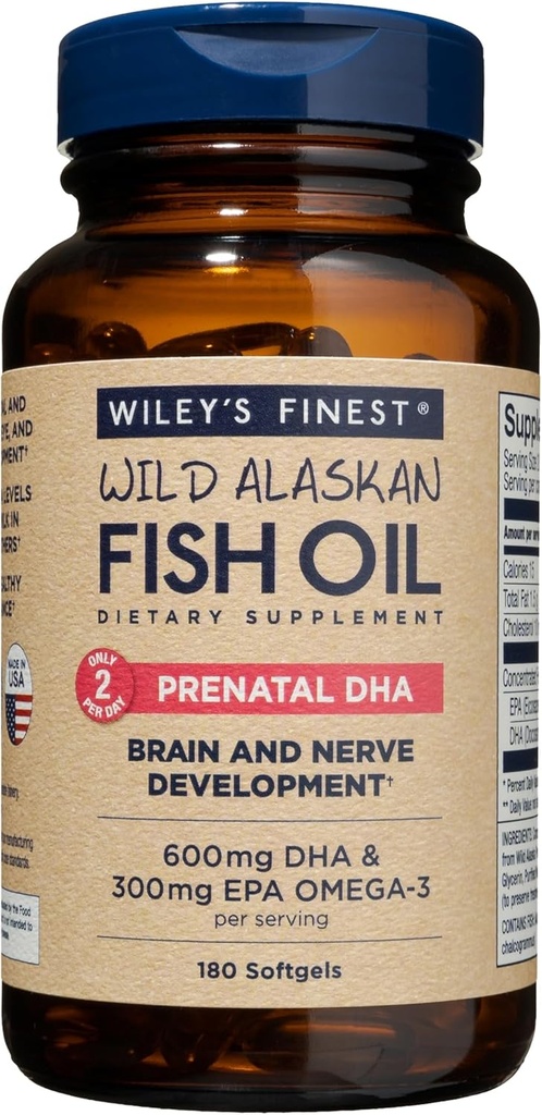 Wiley's Finest Wild Alaskan Fish Oil Prenatal DHA - 900mg EPA und DHA Omega-3s für schwangere Frauen und Pflegemuttern - 180 Softgels (90 Prenatal Vitamin Servings)