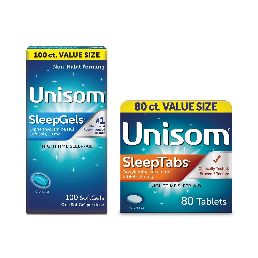 Unisom Nighttime Sleep-Aid Gels, Diphenhydramine HCI, 100 Count SleepTabs, Nighttime Sleep-aid, Doxylamine Succinate, 80 Tablets