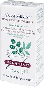 Vitanica Arresto di lievito, Suppositori vaginali omeopatici, per sintomi di infezione da lievito, Allevia la combustione, prurito e scarico, con acido borico, olio di albero di tè e probiotici, Vegan (Pro Logo, 14ct)