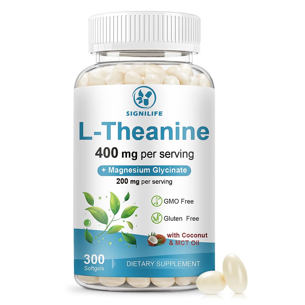 L-Theanine 400mg with Magnesium Glycinate, 300 Softgels Extra Strength with MCT Oil for Calm, Relaxation & Focus Support - Non-GMO,Gluten & Soy-Free,150-Day Supply