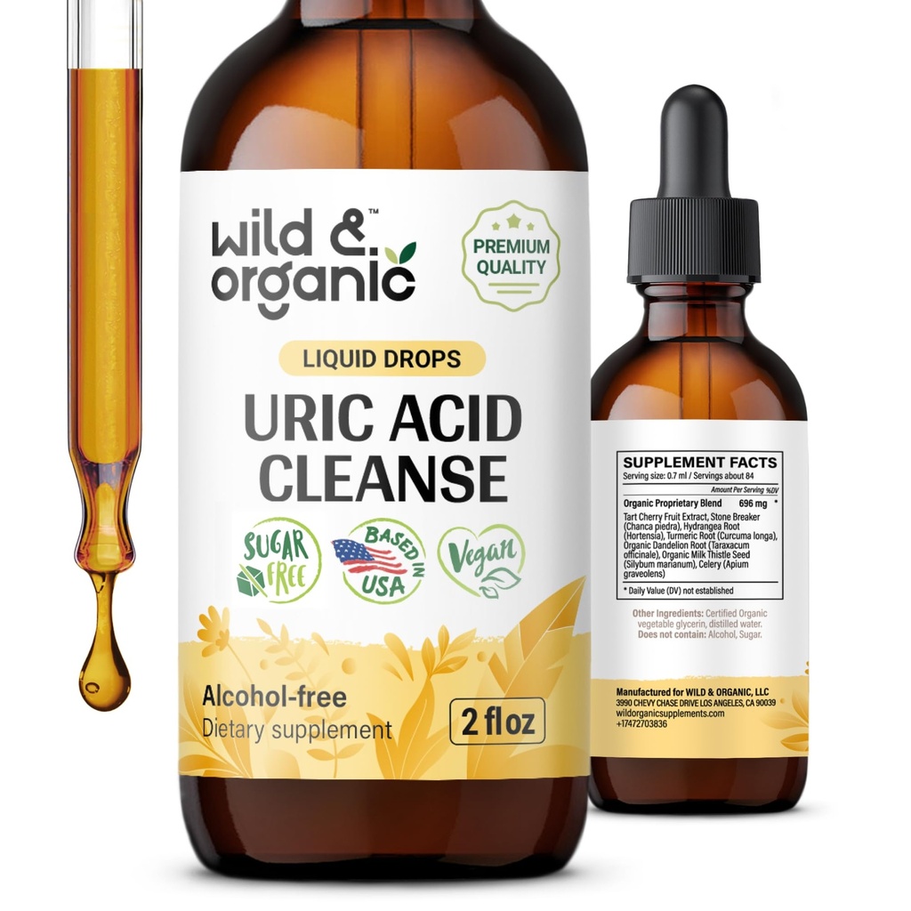 Gocce di pulizia dell'acido urico selvatico e organico - Ciliegia del tart, curcuma, complesso di rottura di pietra di Chanca Piedra per la pulizia del rene - Supplemento di sostegno dell'acido urico - Vegan, tintura senza zucchero e alcol - 2 oz