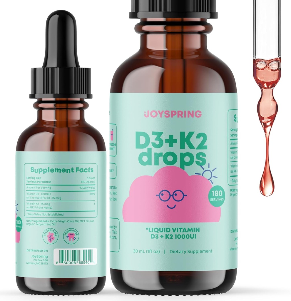 JoySpring Flüssiges Vitamin D3 mit K2 Vitamin D für Kinder - Immununterstützung für Kinder, Tägliche Multivitamin mit Burdock Root & Elderberry für Kinder Immun Booster und natürliche Kinder Fokus Ergänzungen Tropfen