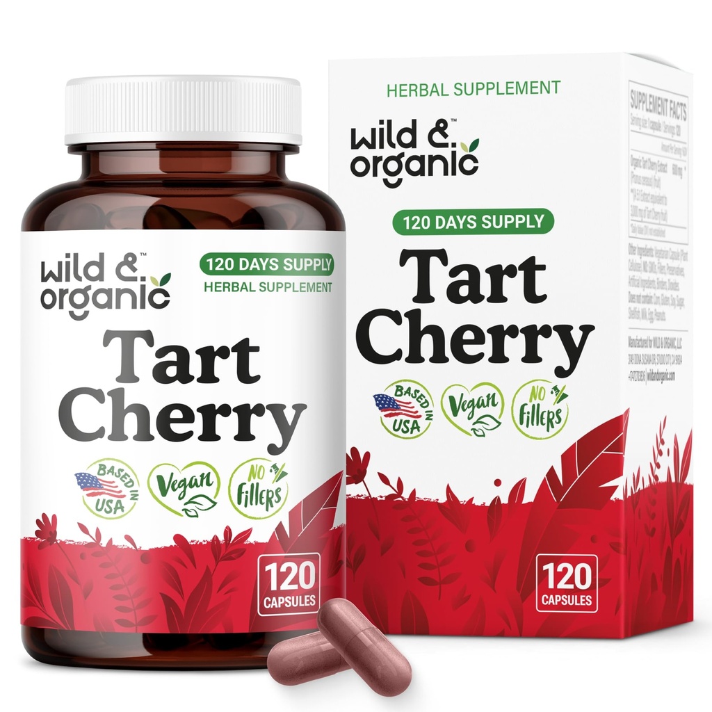 Wild & Organic Tart Cherry Capsules 600 mg - Uric Acid Support - Tart Cherry Powder Supplement - Prunus Cerasus Fruit Extract - 120 Days of Supply - Vegan, No Fillers, Non-GMO - 120 Count