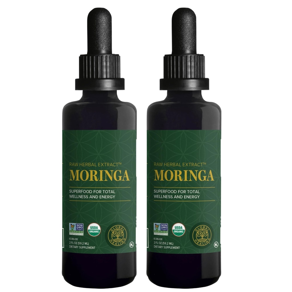 Global Healing Organic Moringa Oleifera Extract Liquid Drops, Moringa Supplement-Vegan from Tree Leaves-Max Absorption of Vitamins and Minerals- More Potency Than Powder Form (2 Fl Oz)