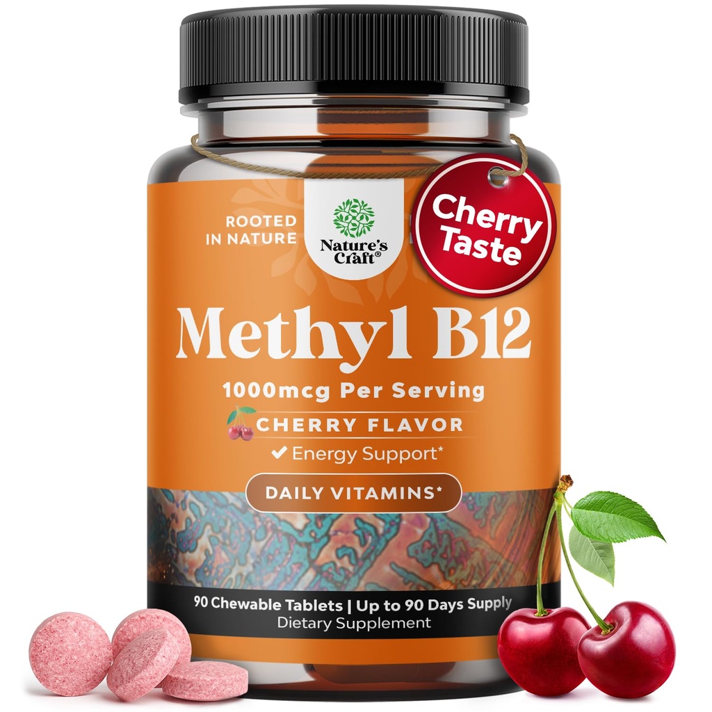 Kaubares Vitamin B12 1000 mcg - Methyliertes B12 Vegan Vitamin für Gehirnunterstützung Natürliche Energie - Knochen Gesundheit Augenpflege und Stimmung Boost mit Haar Haut und Nägel Halal Vitamine