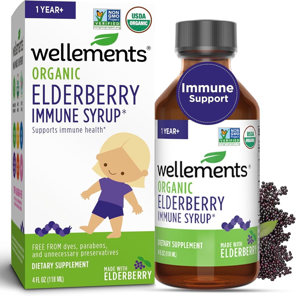 Wellements Organic Elderberry Syrup für Kinder | Unterstützt Immungesundheit* für Babys & Kleinkinder, Made with Organic Elderberry, USDA Certified Organic & Non GMO | 1 Jahr +, 4 Fl Oz