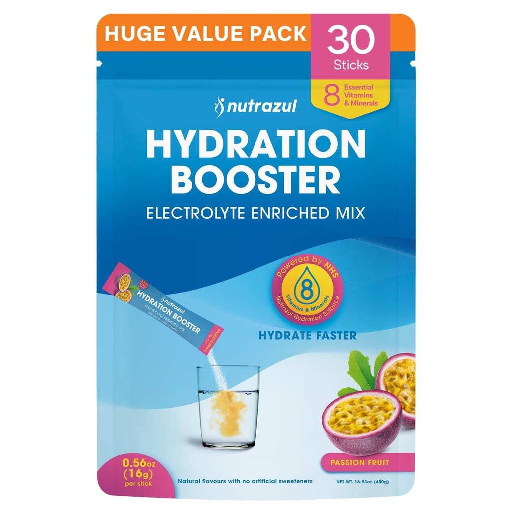nutrazul Hydration Booster, Electrolytes Powder Sticks with Sodium, Potassium, Vitamin B6 & B12, No Artificial Sweeteners, Passion Fruit Flavor, 30 Sticks