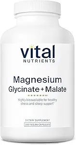 Vital Nutrients Magnesium Glycinate + Malate | 120mg Vegan Magnesium Supplemento per le donne e gli uomini | Muscolo, Cuore, Bone Support* | Promuove il rilassamento | Gluten, Latticini e Soia Free | 200 Capsule
