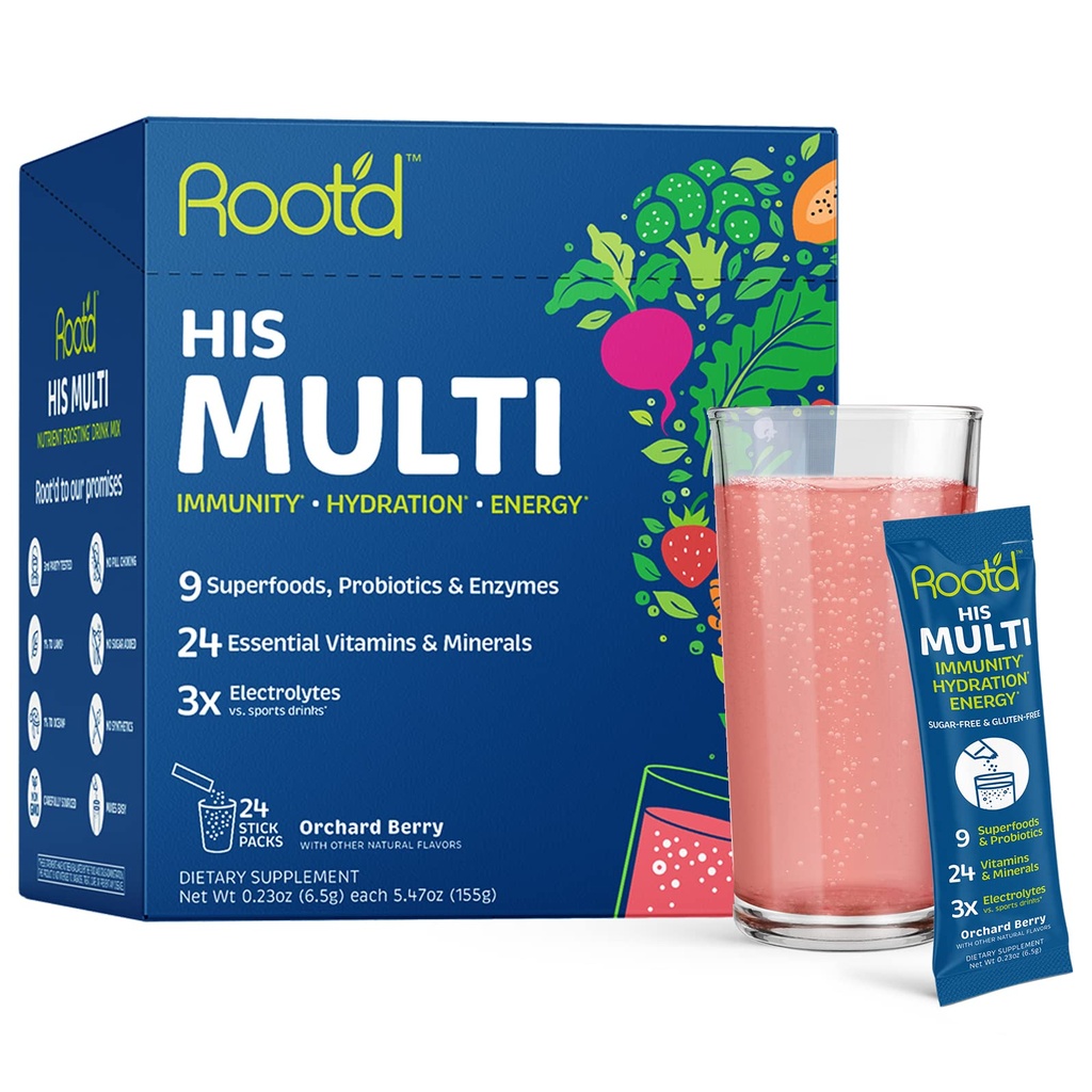 Root'd Multivitamin Powder with 3X Electrolytes for Men - 24 Vitamins & Minerals, 3X Electrolytes, 9 Organic Superfoods, Probiotics & Enzymes, Sugar-Free Multivitamin & Hydration | 24 Packets