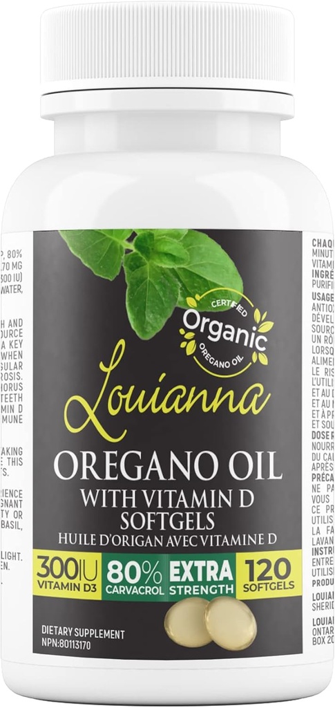 Louianna - Olio di origano selvatico biologico con vitamina D, capsule di softgel liquido con Carvacrol di 80 per cento, Supporta le ossa, Immune e Gut Salute, Integratori di erbe, 120 Softgels