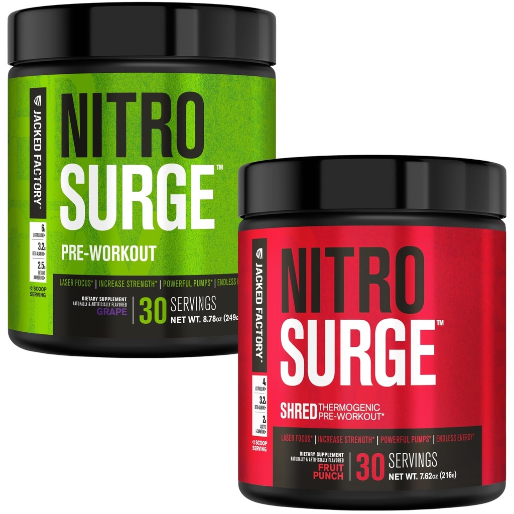 Jacked Factory Nitrosurge Pre-Workout in Grape & Fruit Punch Nitrosurge Shred Thermogenic Pre-allenamento per uomini e donne