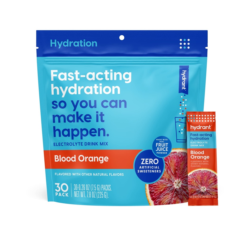 Hydrant - Hydration Powder, Blood Orange Flavor, 30 Individual Instant Electrolyte Rehydration Packets - Low Sugar Drink Mix for Daily Use, Travel & Workouts