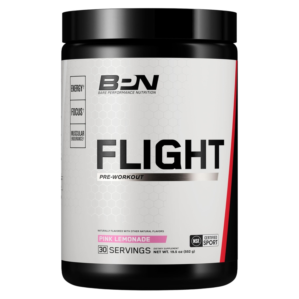 BARE PERFORMANCE NUTRIITION BPN Flight Pre Workout, soutient l'énergie et la concentration mentale, l'amélioration de l'endurance et des pompes musculaires avec CarnoSyn® Beta Alanine, lemonade rose, 30 portions