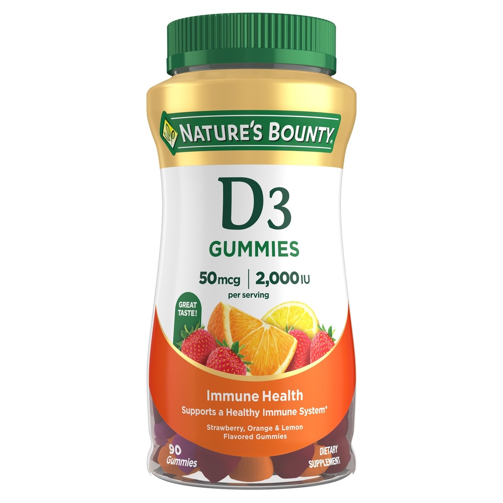 Nature's Bounty Vitamine D3 Gummies, supplément de vitamine, soutient la santé immunitaire, 50mcg, 2000IU, saveur de fruits mélangés, 90 Gummies