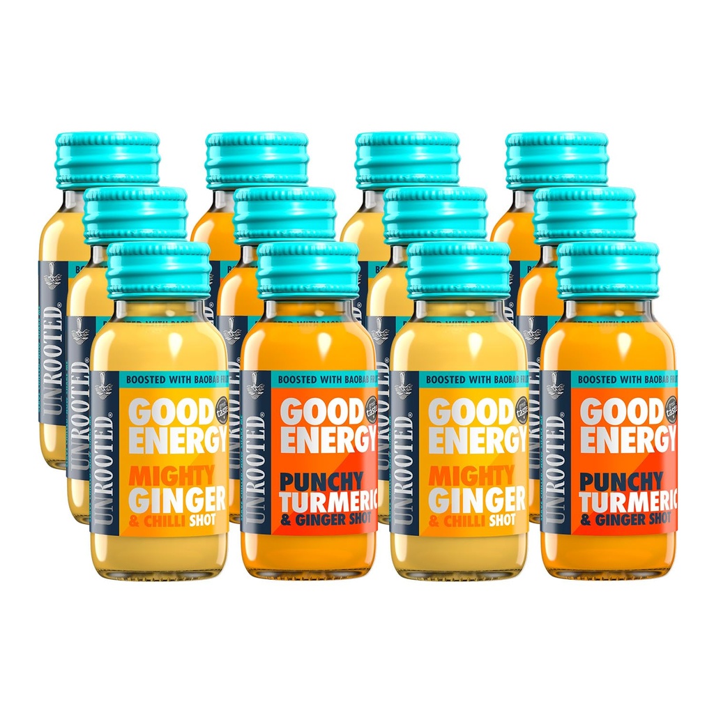 UNROOTED Good Energy Shot (12 Pack, Multipack) - 6X Mighty Ginger, 6X Punchy Turmeric -12 x 60ml Bottles