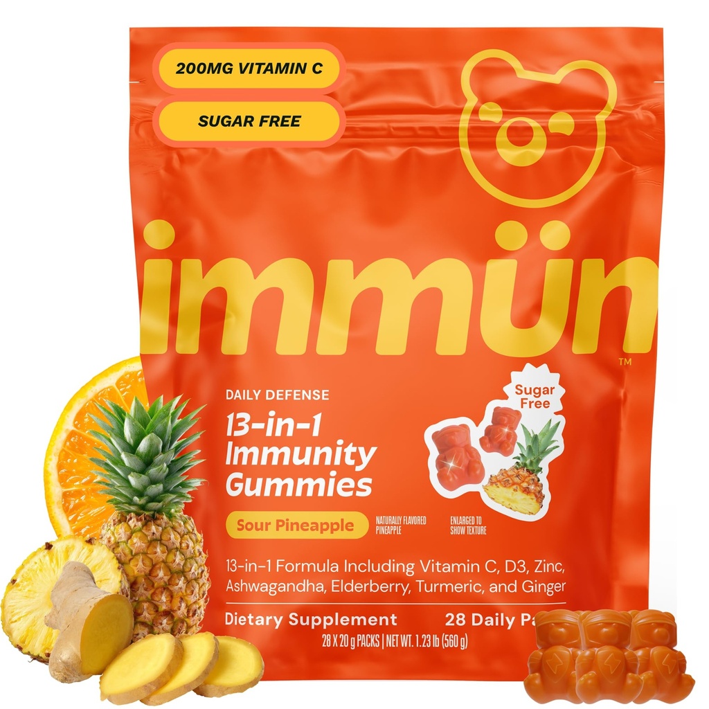 Grüns Immun Sugar Free Immunity Gummies with Vitamin C, Zinc, MCT Oil, & Turmeric - Daily Immune Support Supplement for Adults - Sour Pineapple Flavor (28 Count)