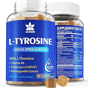 L Tyrosine Gummies 1100mg Mood Support Blend avec Ashwagandha, L-Theanine, Complexe Vitamine B B6, Folate B9, pour Focus & Mémoire, Cognition & Fonction Cerveau, Energy Boost, Stress Support, Vegan 60Cts