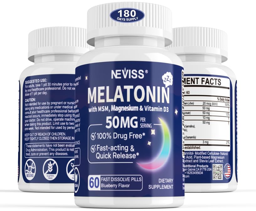 Melatonina 50 mg per gli adulti - Extra Forza 9-in-1 Dissolvere veloce Sublingual - w/Vitamin D3 & MSM, Relaxing Herbal Blend-Ashwagandha, Lemon Balm, Passionflower,Chamomile, Sugar Free, Vegan 180 Servings